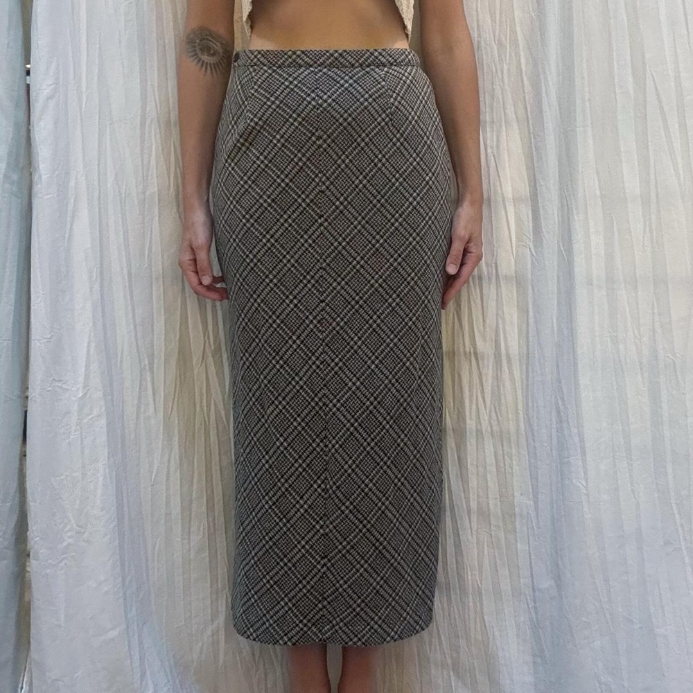 GAP Gray Plaid Wool Blend Column Midi Skirt XS Acadamia Coquette Fall Winter